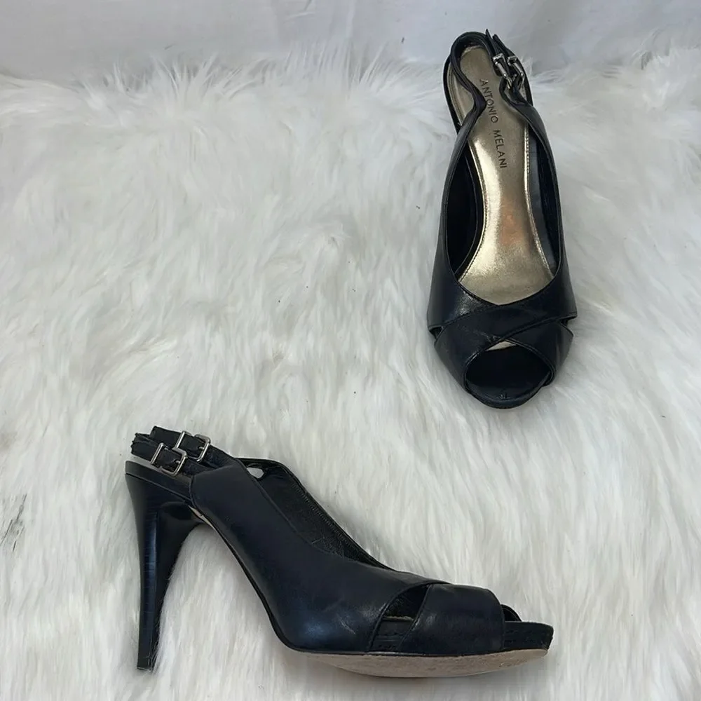 Antonio Milani Black Leather Platform Slingback‎ Peep Toe Heels Sz 8.5